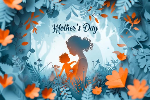 A blue and white Mother's Day card with a woman and child on it. The card is decorated with flowers and has a blue background
