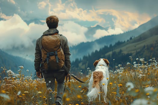 A man and his dog are walking through a field of yellow flowers. The man is wearing a backpack and the dog is on a leash. The scene is peaceful and serene