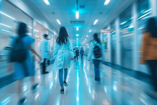 A hospital hallway with people sitting in chairs. The chairs are blue and the floor is shiny.