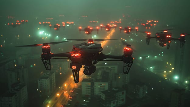 A squadron of unmanned aerial vehicles patrols over the evening city.