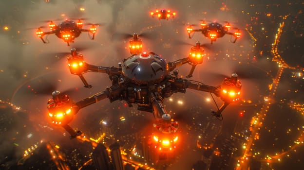A squadron of unmanned aerial vehicles patrols over the evening city.