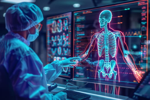 A doctor is looking at a computer monitor displaying a skeleton. The skeleton is glowing red and blue, and the doctor is touching it with his finger