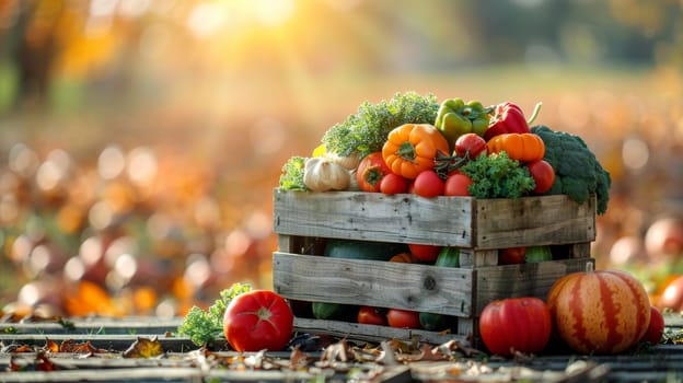 A woman is holding a basket of vegetables, including tomatoes, broccoli, and carrots. The basket is placed on her lap, and she is in a garden setting. Concept of freshness and abundance