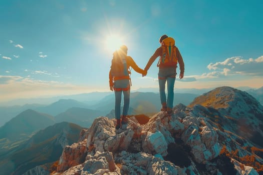 A couple is holding hands on a mountain top. The sun is shining brightly, creating a warm and romantic atmosphere. The mountains in the background add to the sense of adventure and excitement