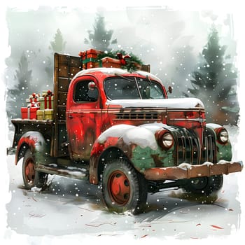 A red truck with Christmas gifts in the bed is driving through the snowy landscape, its tires gripping the wintry road as the vehicles lights shine brightly ahead