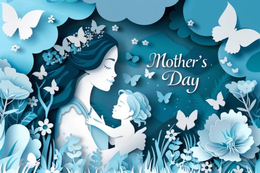 A blue and white Mother's Day card with a woman and child on it. The card is decorated with flowers and has a blue background