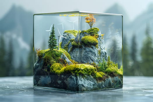 A glass terrarium with a landscape of moss and rocks. The terrarium is small and has a mountain range in the background