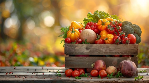 A woman is holding a basket of vegetables, including tomatoes, broccoli, and carrots. The basket is placed on her lap, and she is in a garden setting. Concept of freshness and abundance