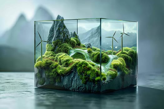 A glass terrarium with a landscape of moss and rocks. The terrarium is small and has a mountain range in the background