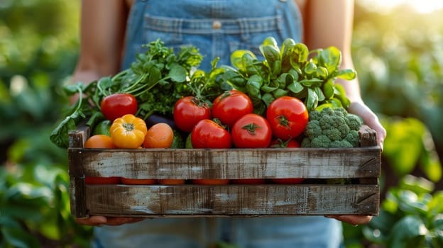 A woman is holding a basket of vegetables, including tomatoes, broccoli, and carrots. The basket is placed on her lap, and she is in a garden setting. Concept of freshness and abundance