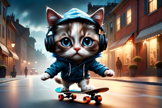 teenage cat wearing headphones rides a skateboard on the street . AI generated image.