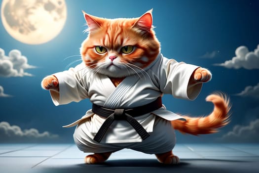 A fat cat in a T-shirt is doing sports in the gym .AI generated image.