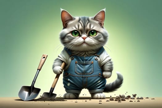 cat with a shovel isolated on a light green background . AI generated image.