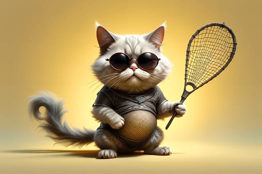 A fat cat goes in for sports, plays tennis. Isolated on a light background. AI generated image.
