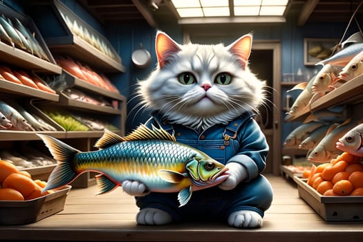 A fat cat with a big fish in its paws. Isolated on a yellow background. AI generated image.