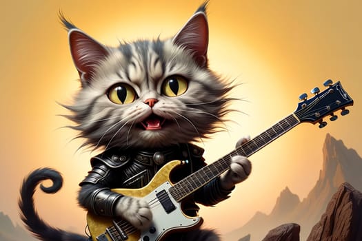 Musician cat plays the guitar and sings. AI generated image.