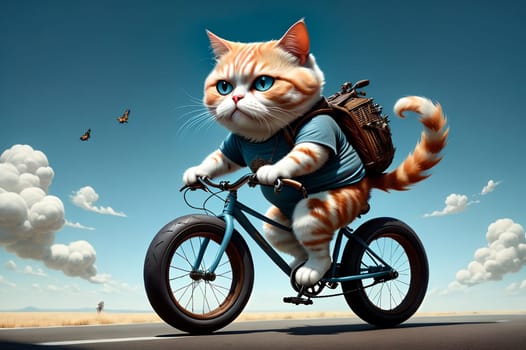athlete cat rides a bicycle. AI generated image.