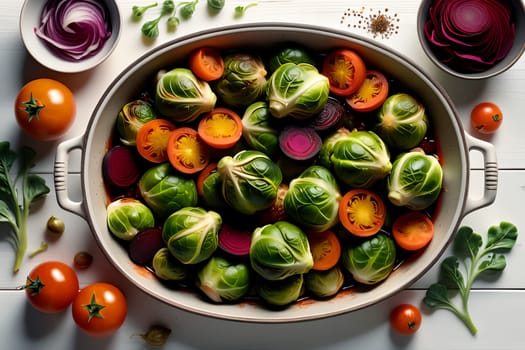 Brussels sprouts salad with vegetables. AI generated image.