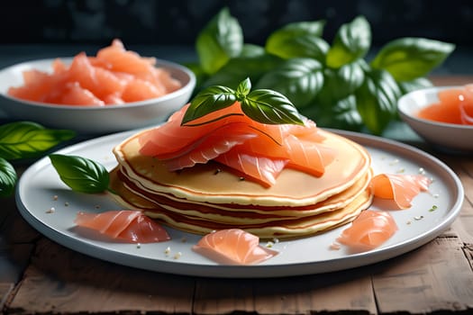 thin pancakes with lightly salted red fish . AI generated image.