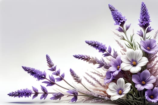 Bouquet of colorful bright flowers lavender, isolated on a white background.