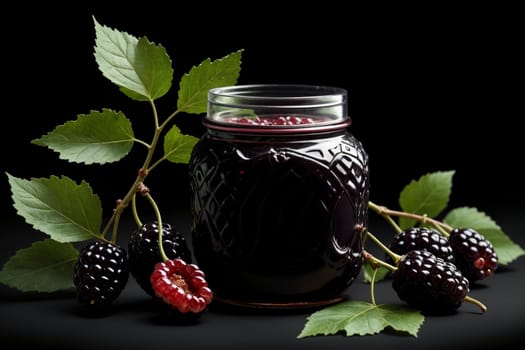ripe mulberry jam in a glass isolated on a green background .