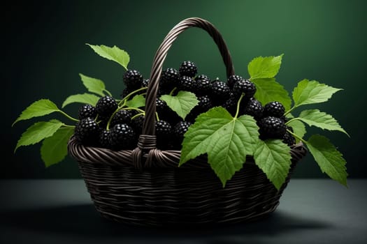 fresh mulberry in basket isolated on green background .