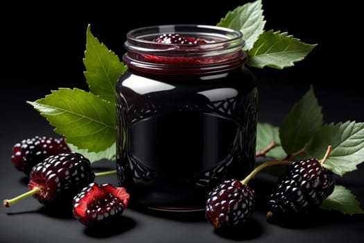 ripe mulberry jam in a glass isolated on a green background .