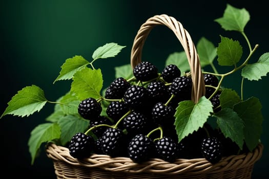 fresh mulberry in basket isolated on green background .