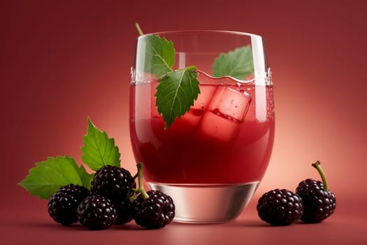mulberry juice in a glass isolated on a red background .