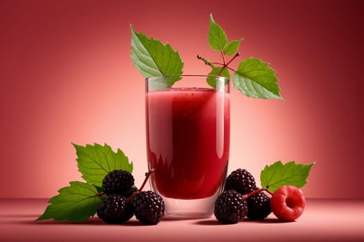 mulberry juice in a glass isolated on a red background .