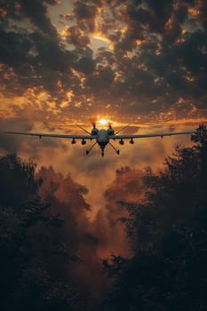 A military unmanned aerial vehicle UAV patrols flying over the clouds.