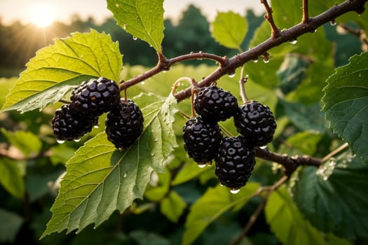 ripe mulberry, on a branch outdoors .