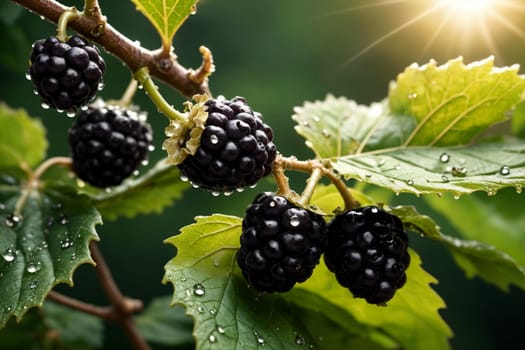 ripe mulberry, on a branch outdoors .