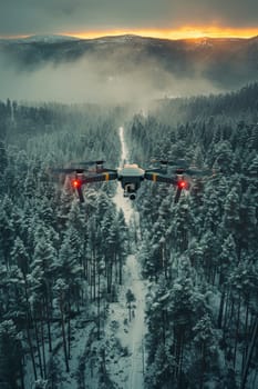 A military quadcopter patrols the area above the winter forest.