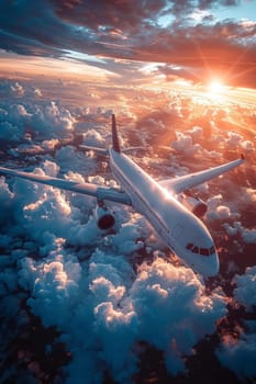 A civilian passenger plane flying above the clouds in the rays of the setting sun. The concept of fast travel, leisure and business.