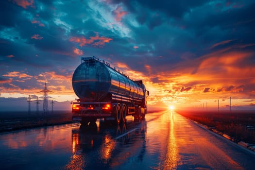 A large tanker truck is driving down a road near a refinery. The sky is orange and the sun is setting