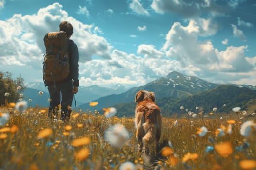 A man and his dog are walking through a field of yellow flowers. The man is wearing a backpack and the dog is on a leash. The scene is peaceful and serene
