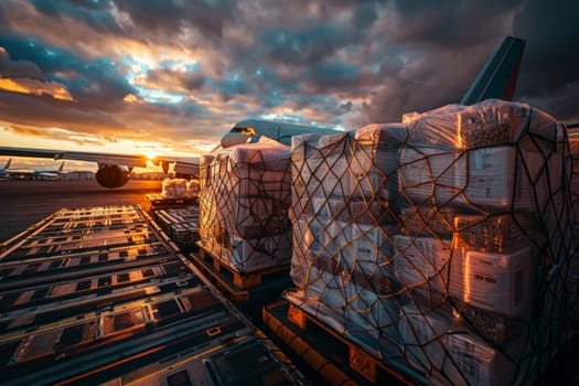 A large airplane is flying over a row of boxes. The boxes are stacked on pallets and are being loaded onto the plane. The scene is taking place at an airport, and the sun is setting in the background