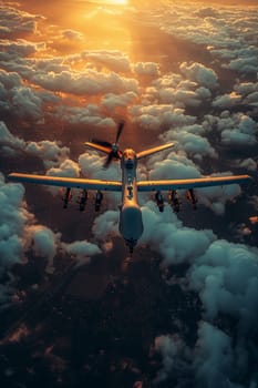 A military unmanned aerial vehicle UAV patrols flying over the clouds.