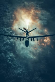 A military unmanned aerial vehicle UAV patrols flying over the clouds.