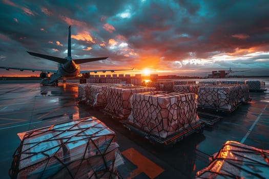 A large airplane is flying over a row of boxes. The boxes are stacked on pallets and are being loaded onto the plane. The scene is taking place at an airport, and the sun is setting in the background