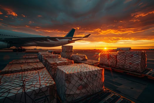A large airplane is flying over a row of boxes. The boxes are stacked on pallets and are being loaded onto the plane. The scene is taking place at an airport, and the sun is setting in the background