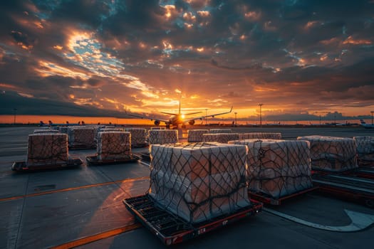 A large airplane is flying over a row of boxes. The boxes are stacked on pallets and are being loaded onto the plane. The scene is taking place at an airport, and the sun is setting in the background