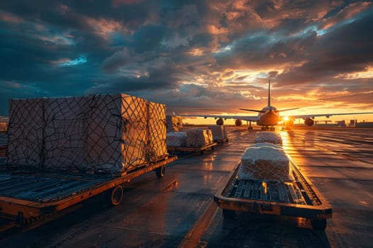 A large airplane is flying over a row of boxes. The boxes are stacked on pallets and are being loaded onto the plane. The scene is taking place at an airport, and the sun is setting in the background