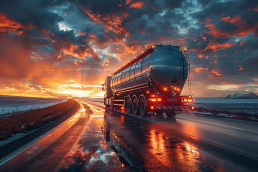 A large tanker truck is driving down a road with a beautiful sunset in the background. The sky is filled with clouds, creating a moody atmosphere. The truck is the main focus of the image