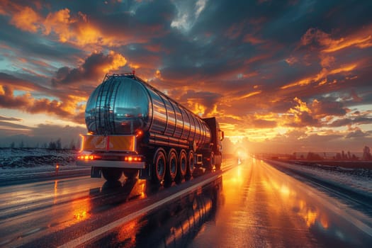 A large tanker truck is driving down a road near a refinery. The sky is orange and the sun is setting