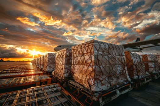 A large airplane is flying over a row of boxes. The boxes are stacked on pallets and are being loaded onto the plane. The scene is taking place at an airport, and the sun is setting in the background