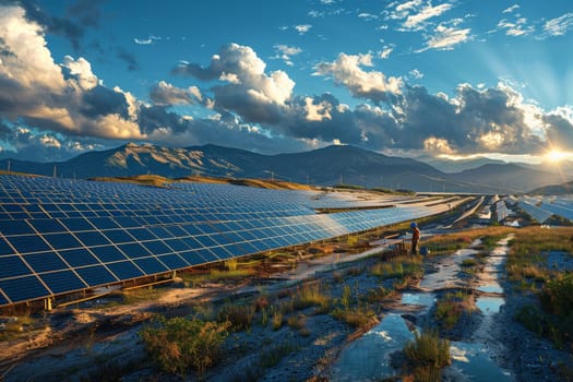 Sustainability Energy concept. Solar panels photovoltaics in solar farm.