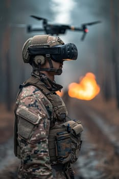 A soldier wearing virtual reality glasses controls a quadcopter. Modern military weapons.