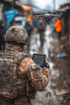 A soldier with a tablet in his hands controls a patrolling quadcopter. Modern military weapons.